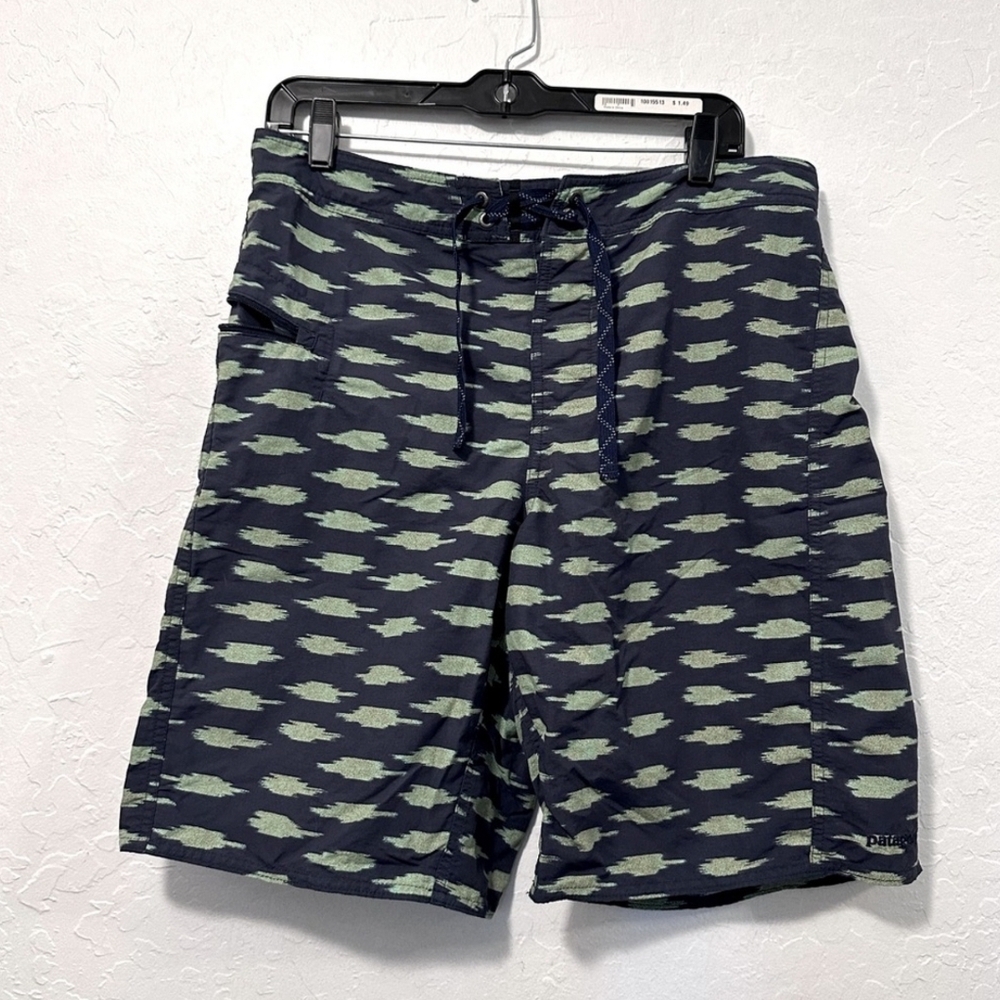 Patagonia Blue and Green Swim Trunks with Modern Geometric Design